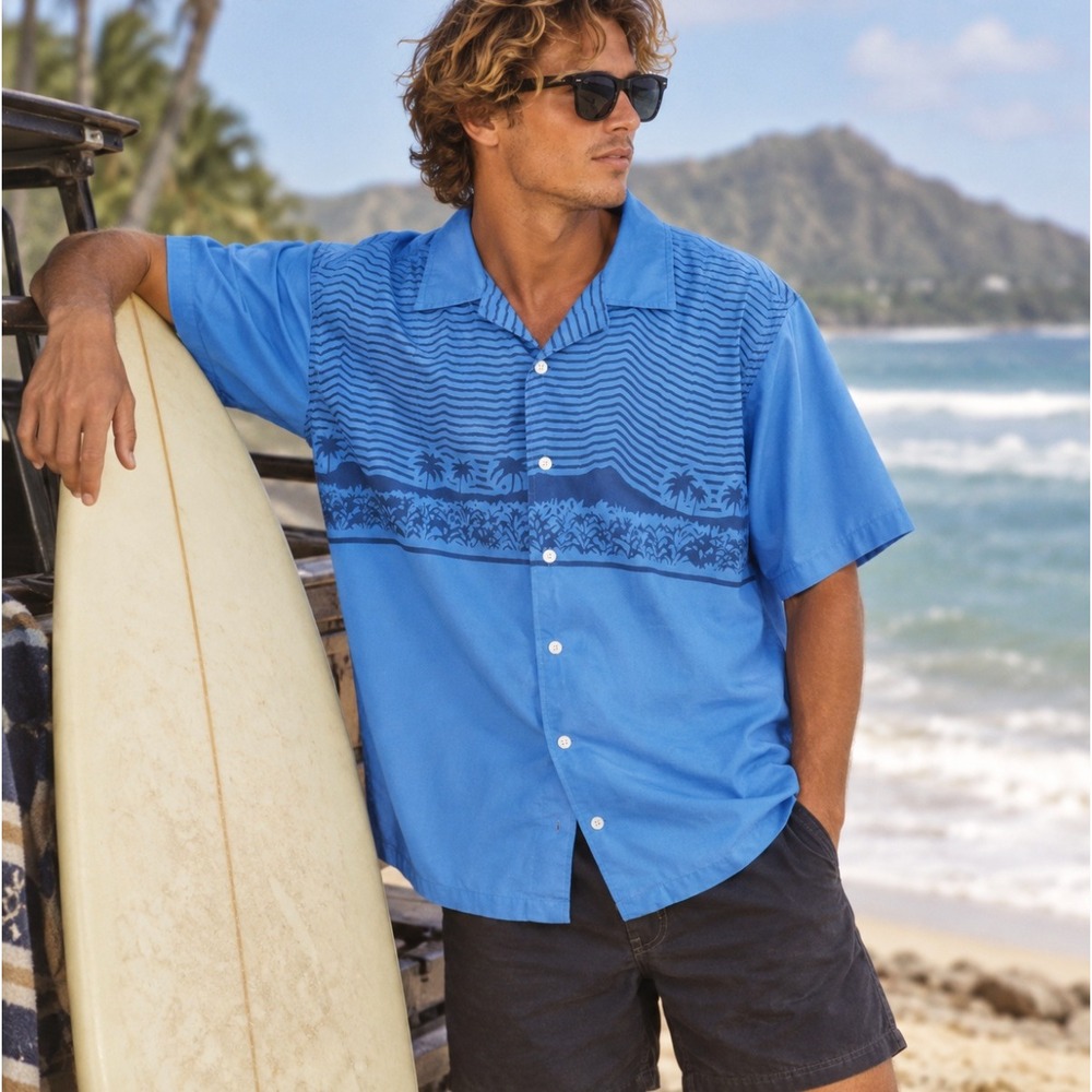 Ocean Pacific Vintage 90s Loop Collar Camp Shirt Blue Button Surf Hawaiian Large